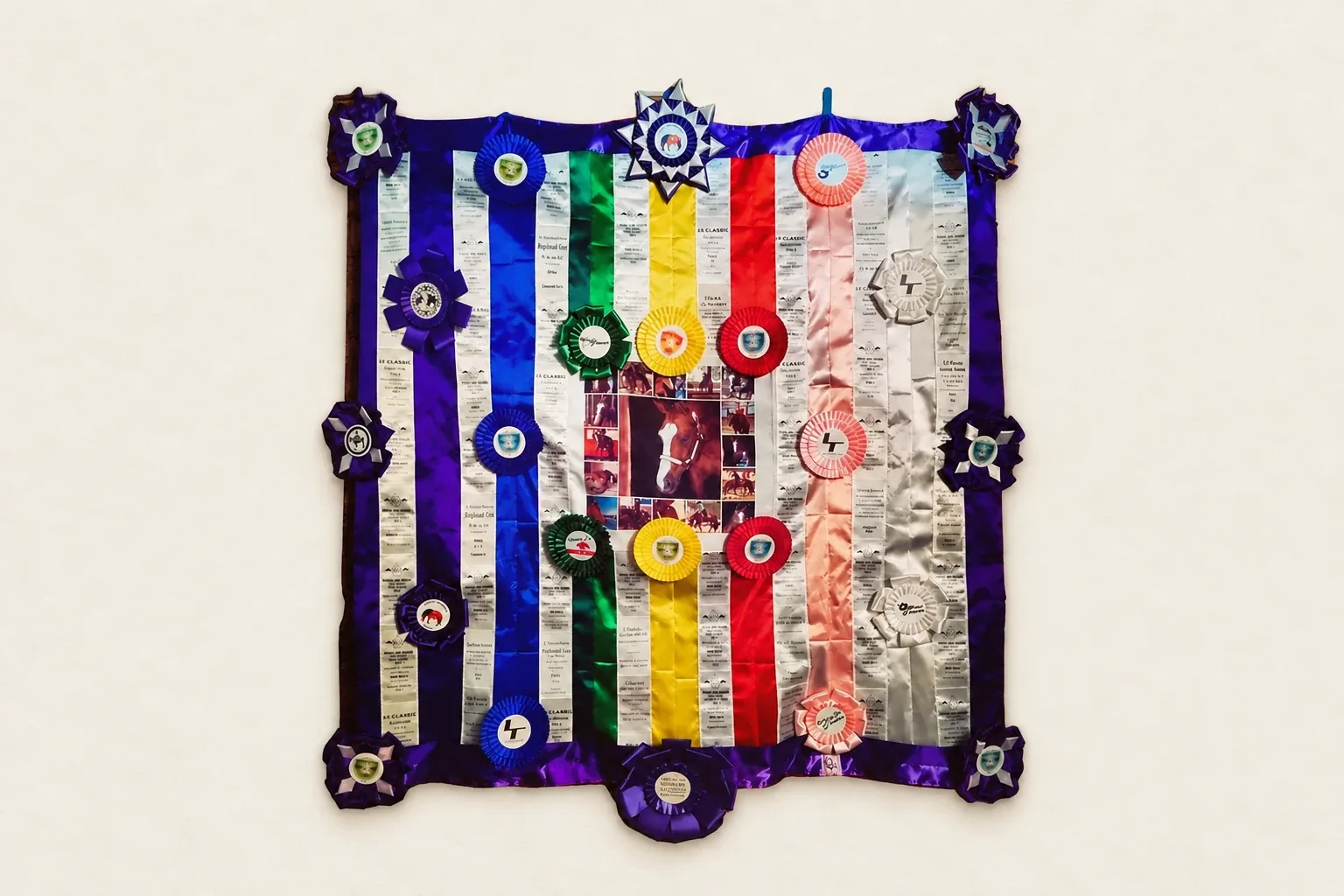 Wandbild aus farbigen Turnierschleifen und Fotos eines Pferdes